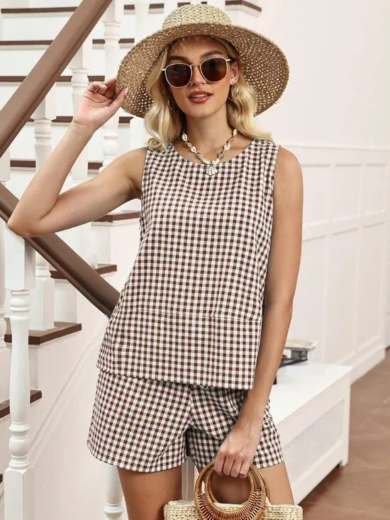 Women's Trendy 2 Piece Outfits Shorts Sets Summer Crew Neck Sleeveless Tank Top - Picture 2 of 7